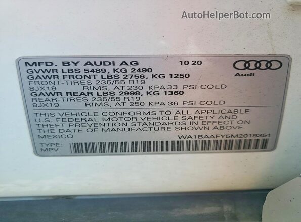 WA1BAAFY5M2019351 2021 AUDI Q5 White Vista de la etiqueta del VIN