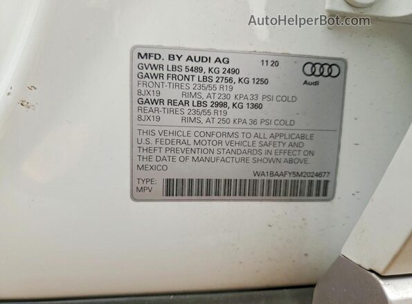WA1BAAFY5M2024677 2021 AUDI Q5 White სალონის 360-გრადუსიანი ხედი