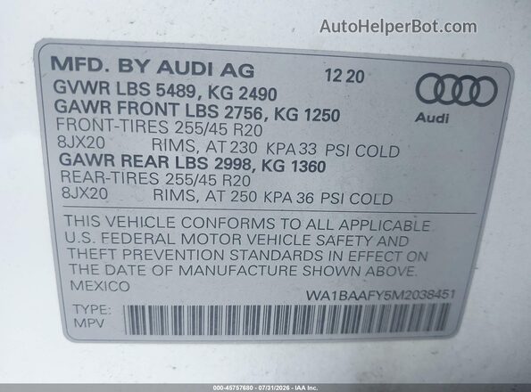 WA1BAAFY5M2038451 2021 AUDI Q5 White Շարժիչի բաժամունքի տեսք