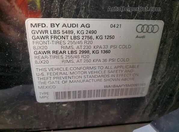 WA1BAAFY5M2091165 2021 AUDI Q5 Black VIN կոդի պիտակի տեսք