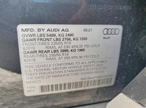 WA1BAAFY5M2102360 2021 AUDI Q5 Black VIN կոդի պիտակի տեսք