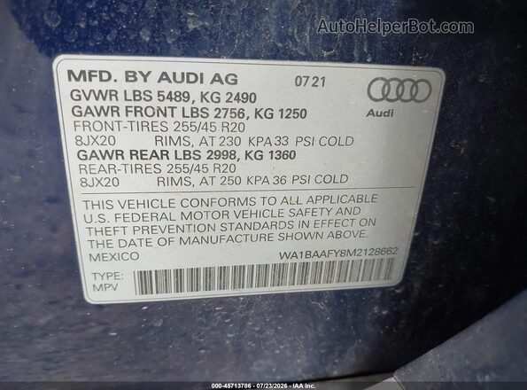WA1BAAFY8M2128662 2021 AUDI Q5 Blue Widok komory silnika