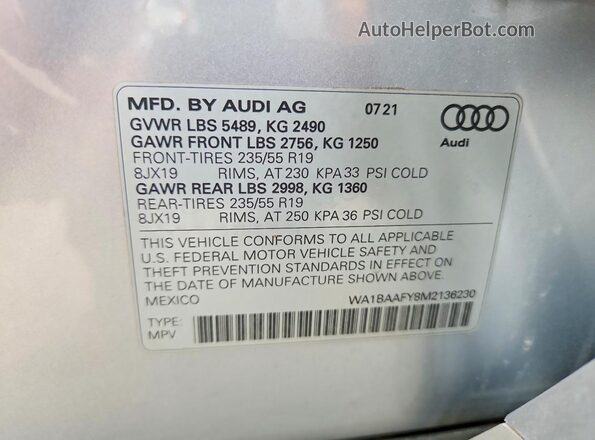 WA1BAAFY8M2136230 2021 AUDI Q5 Silver VIN կոդի պիտակի տեսք
