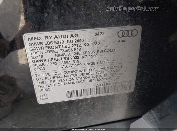 WA1BBAFY4N2111226 2022 AUDI Q5 Black Շարժիչի բաժամունքի տեսք