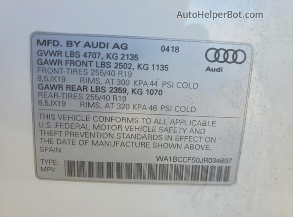 WA1BCCFS0JR034697 2018 AUDI Q3 White Widok wnętrza 360 stopni