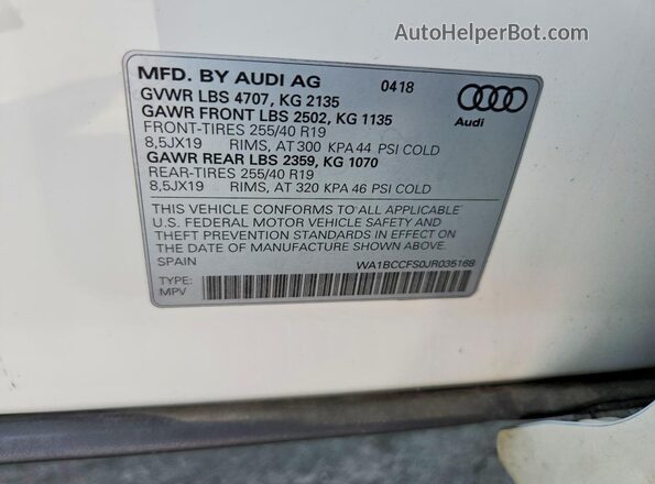 WA1BCCFS0JR035168 2018 AUDI Q3 White Vista de la etiqueta del VIN