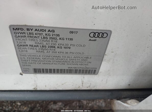 WA1BCCFS3JR012225 2018 AUDI Q3 White ძრავის განყოფილების ხედი