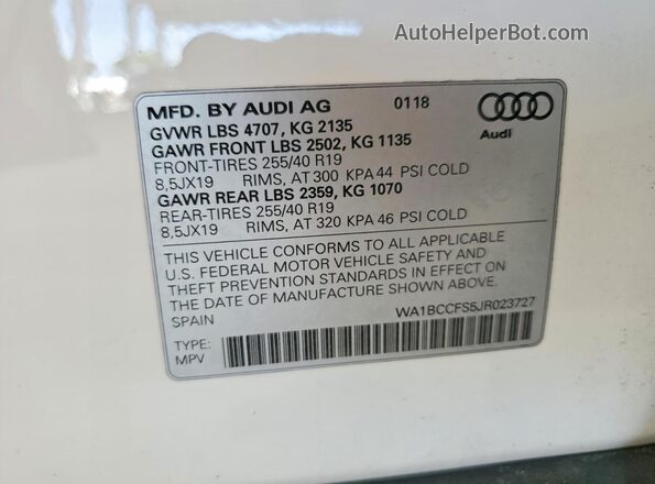 WA1BCCFS5JR023727 2018 AUDI Q3 Белый Панорамный вид салона 360°