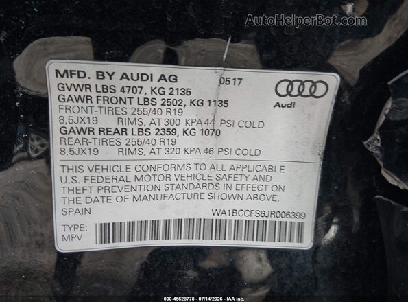 WA1BCCFS6JR006399 2018 AUDI Q3 Black Вид підкапотного простору