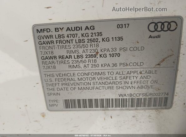 WA1BCCFS8JR002774 2018 AUDI Q3 White Вид підкапотного простору