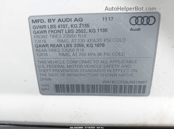 WA1BCCFS8JR018487 2018 AUDI Q3 White Вид підкапотного простору