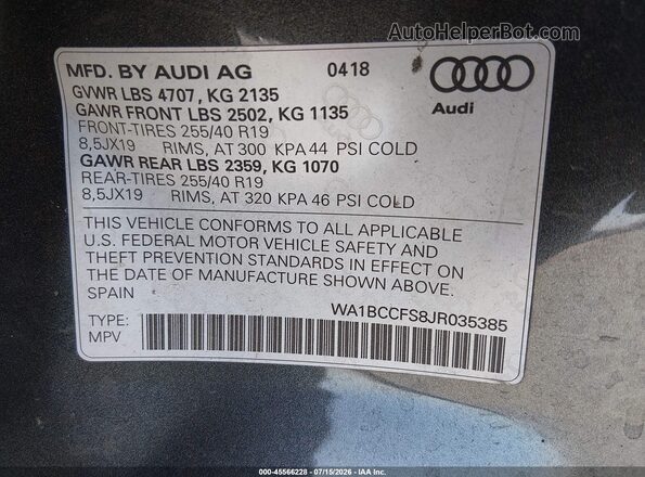 WA1BCCFS8JR035385 2018 AUDI Q3 Gray Вид підкапотного простору