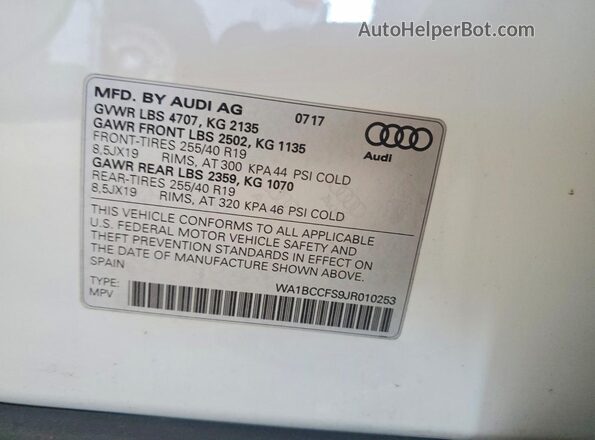 WA1BCCFS9JR010253 2018 AUDI Q3 White VIN sticker view