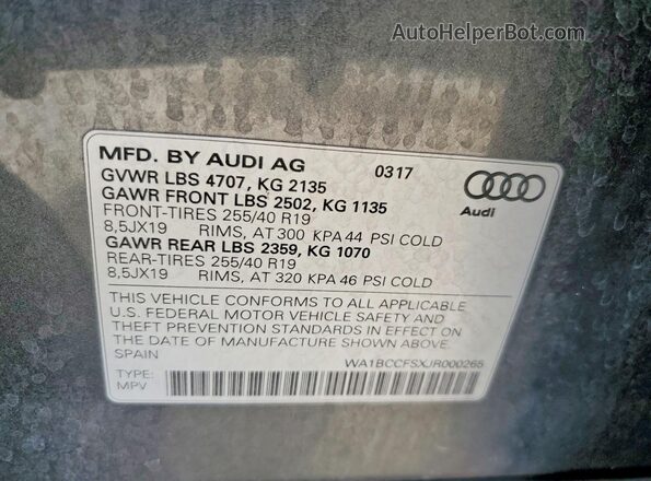 WA1BCCFSXJR000265 2018 AUDI Q3 Charcoal Вид підкапотного простору