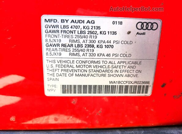 WA1BCCFSXJR023688 2018 AUDI Q3 Red VIN sticker view