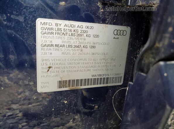 WA1BECF31L1113882 2020 AUDI Q3 Blue Вид наклейки з VIN-кодом