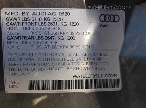 WA1BECF35L1107034 2020 AUDI Q3 Gray Vista de la etiqueta del VIN