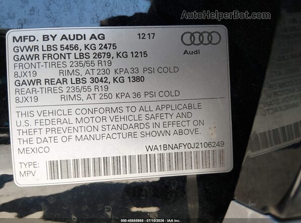 WA1BNAFY0J2106249 2018 AUDI Q5 Black ძრავის განყოფილების ხედი