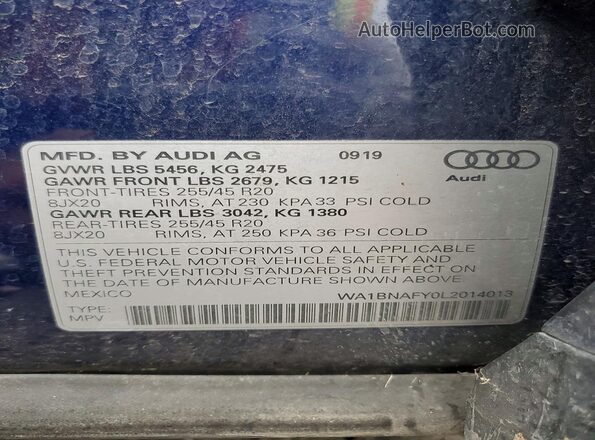 WA1BNAFY0L2014013 2020 AUDI Q5 Blue Vista de la etiqueta del VIN