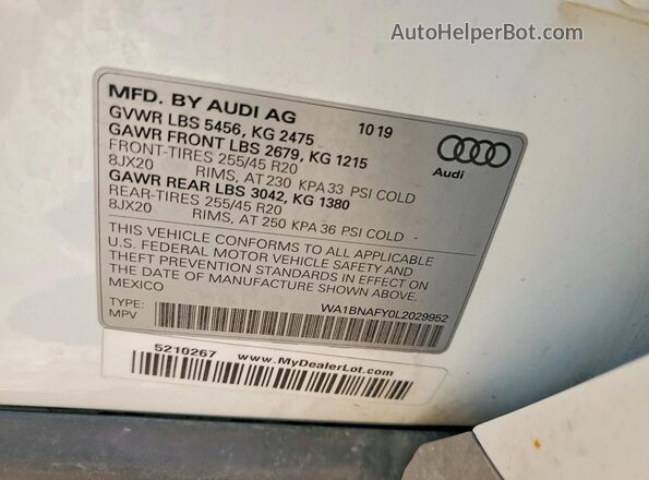 WA1BNAFY0L2029952 2020 AUDI Q5 White Vista interior de 360 grados
