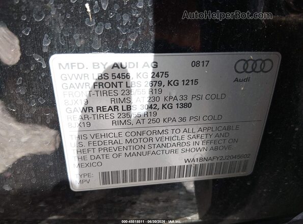 WA1BNAFY2J2045602 2018 AUDI Q5 Black Engine compartment view