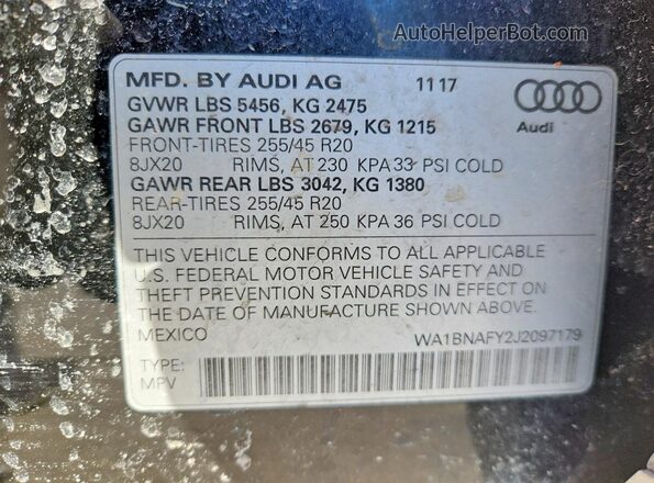 WA1BNAFY2J2097179 2018 AUDI Q5 Черный Вид наклейки с VIN-кодом