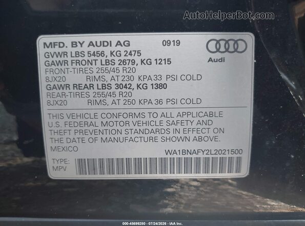 WA1BNAFY2L2021500 2020 AUDI Q5 Black Engine compartment view