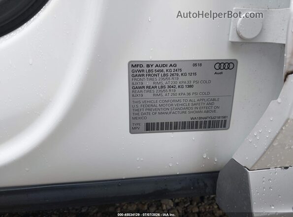 WA1BNAFY3J2181561 2018 AUDI Q5 White Вид підкапотного простору