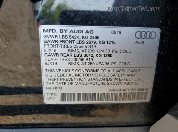 WA1BNAFY3K2109616 2019 AUDI Q5 Black Widok naklejki z numerem VIN