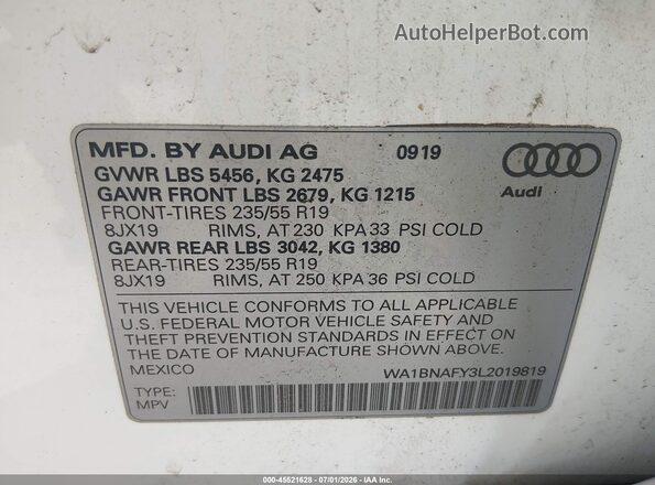 WA1BNAFY3L2019819 2020 AUDI Q5 White Engine compartment view