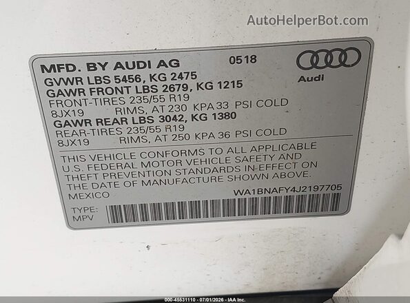 WA1BNAFY4J2197705 2018 AUDI Q5 White Engine compartment view