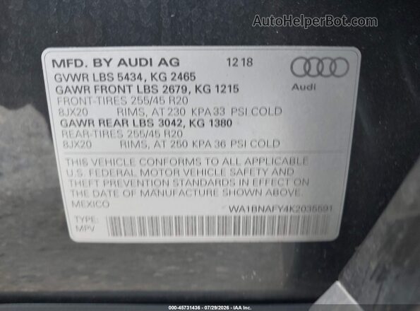 WA1BNAFY4K2035591 2019 AUDI Q5 Gray Вид підкапотного простору