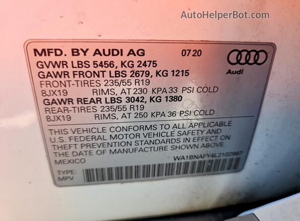 WA1BNAFY4L2102997 2020 AUDI Q5 White Вид наклейки з VIN-кодом