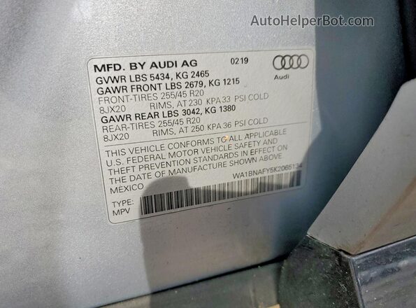 WA1BNAFY5K2065134 2019 AUDI Q5 Silver VIN sticker view