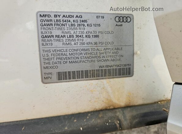 WA1BNAFY5K2139751 2019 AUDI Q5 White VIN sticker view