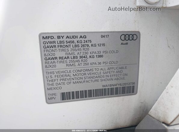 WA1BNAFY6J2013736 2018 AUDI Q5 White Вид підкапотного простору