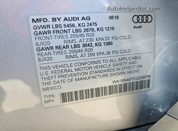 WA1BNAFY7J2239705 2018 AUDI Q5 Silver VIN կոդի պիտակի տեսք