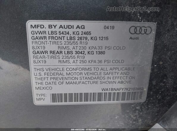 WA1BNAFY7K2107853 2019 AUDI Q5 Gray Engine compartment view