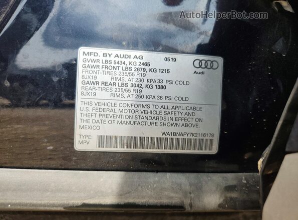WA1BNAFY7K2116178 2019 AUDI Q5 Blue Vista de la etiqueta del VIN