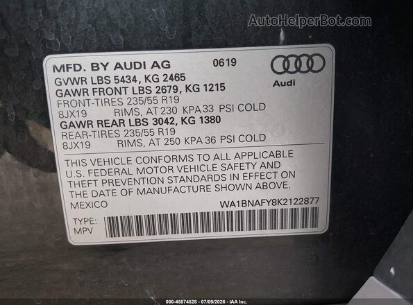 WA1BNAFY8K2122877 2019 AUDI Q5 Серый Вид подкапотного пространства