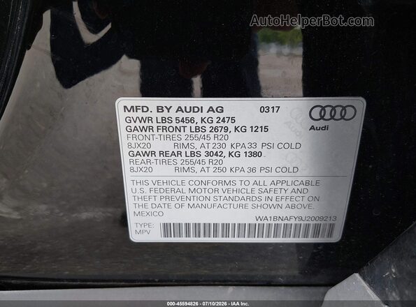 WA1BNAFY9J2009213 2018 AUDI Q5 Black Widok komory silnika