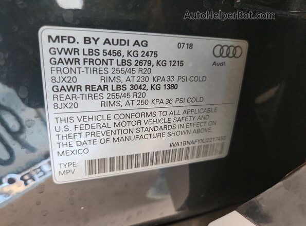 WA1BNAFYXJ2217455 2018 AUDI Q5 Gray VIN sticker view