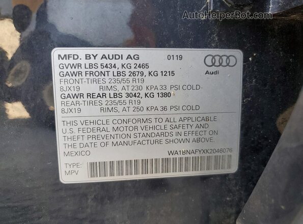 WA1BNAFYXK2046076 2019 AUDI Q5 Blue Vista de la etiqueta del VIN