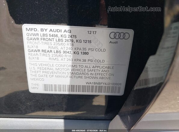 WA1BNBFY4J2103926 2018 AUDI Q5 Black Vista del compartimento del motor