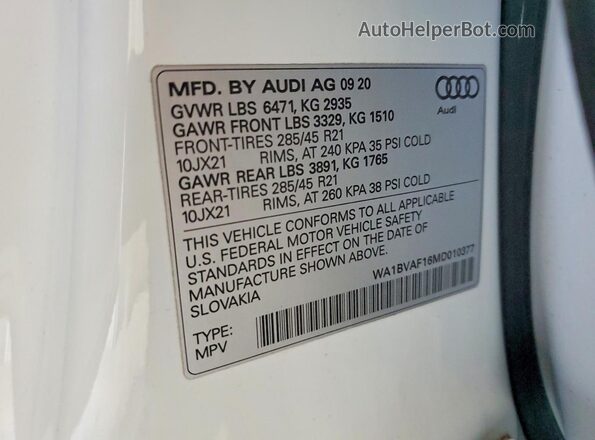 WA1BVAF16MD010377 2021 AUDI Q8 Белый Панорамный вид салона 360°