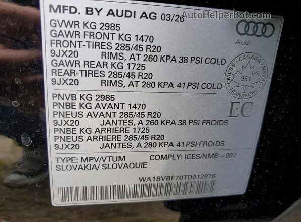WA1BVBF70TD012876 2026 AUDI Q7 Black Vista de la etiqueta del VIN