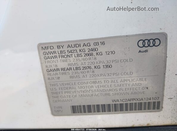 WA1C2AFP0GA124107 2016 AUDI Q5 White Vista del compartimento del motor