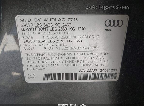 WA1C2AFP1GA031290 2016 AUDI Q5 Gray Widok komory silnika