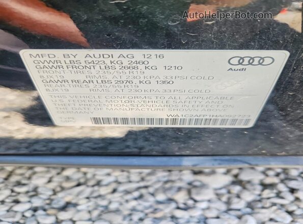 WA1C2AFP1HA092723 2017 AUDI Q5 Черный Вид наклейки с VIN-кодом