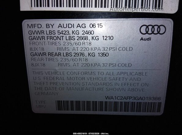 WA1C2AFP3GA019366 2016 AUDI Q5 Black Engine compartment view